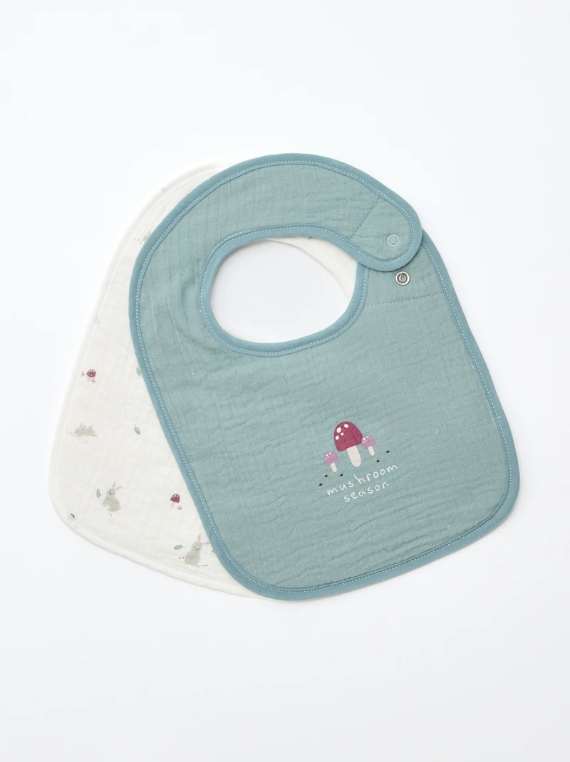 Lot de 2 bavoirs en gaze de coton - Lapin et champignons